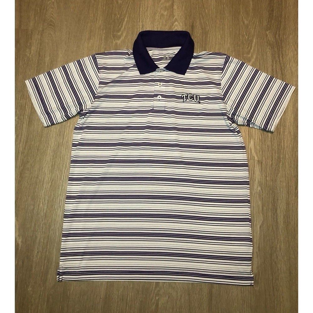 TCU Horned Frogs Polo Striped Shirt NCAA Embroidered Men Size LARGE *Pre-Owned*